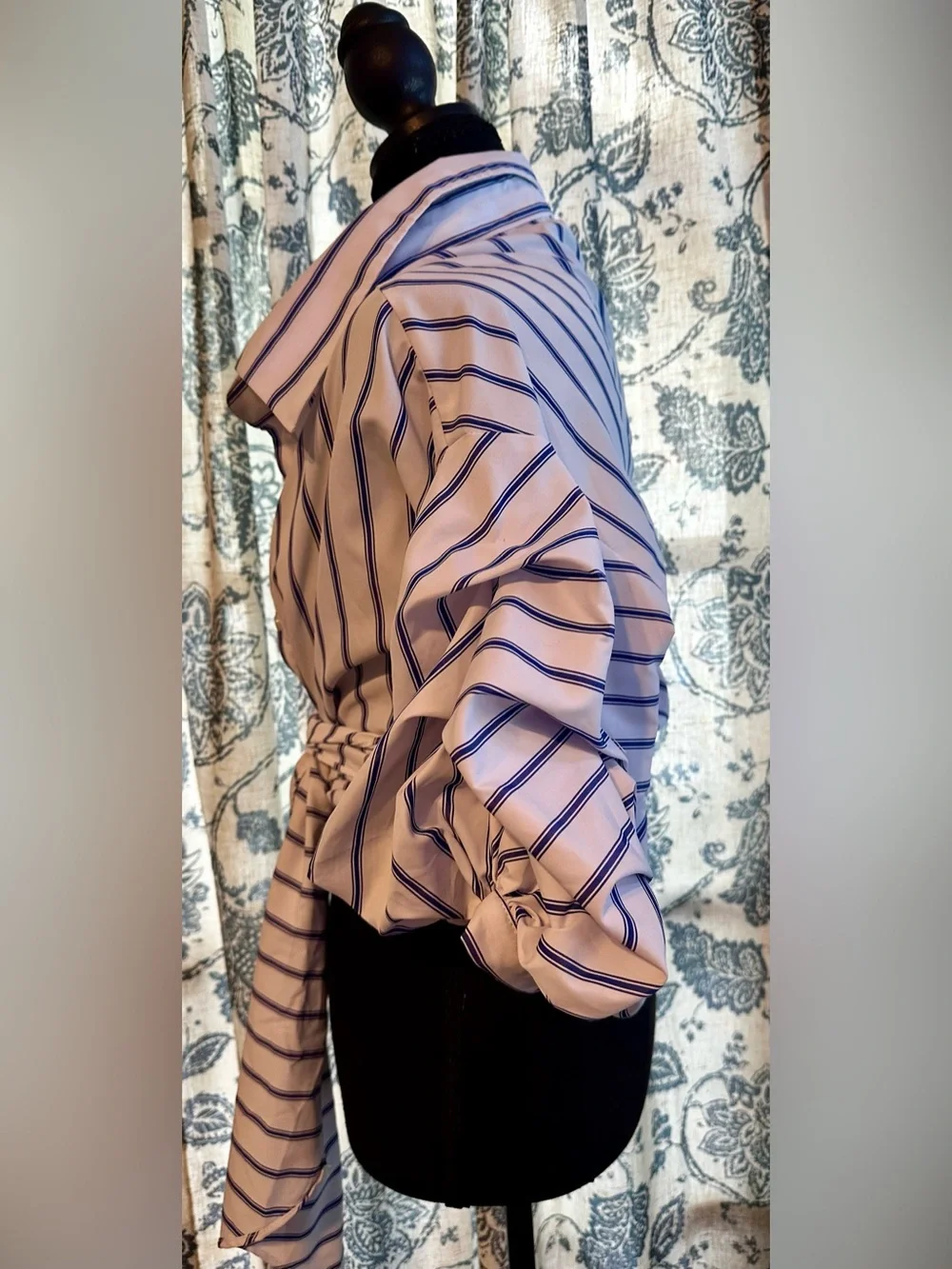 Tea n Cup White and Navy Striped Wrap Button-Down Blouse - Picture 4 of 8